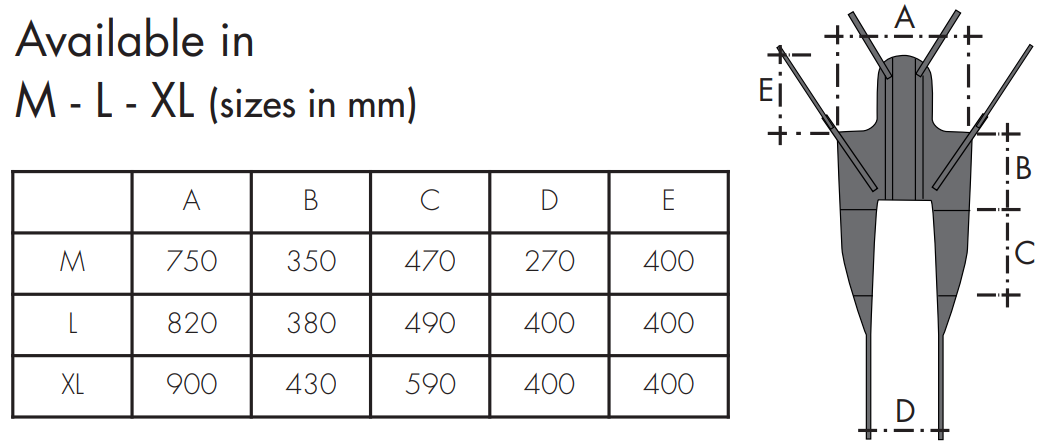 Comfort sling size table